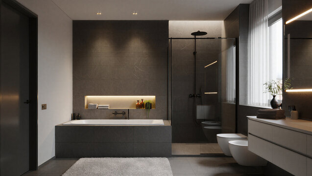 Elegant dark tiled bathroom with built in bathtub frameless glass shower modern vanity, bathroom