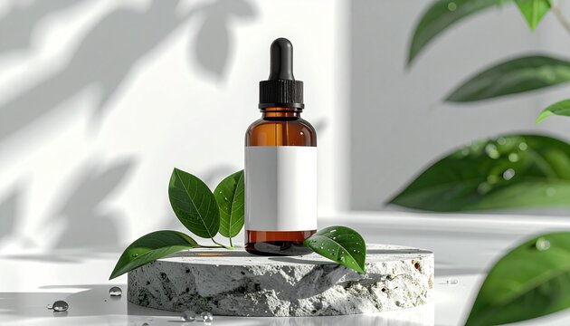A brown glass bottle with a white label sits on a marble block surrounded by green leaves in a bright white room with shadows.