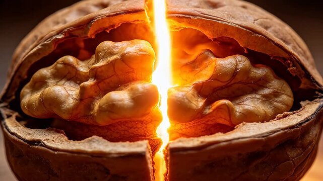 Split walnut shell with brain texture and center light beam