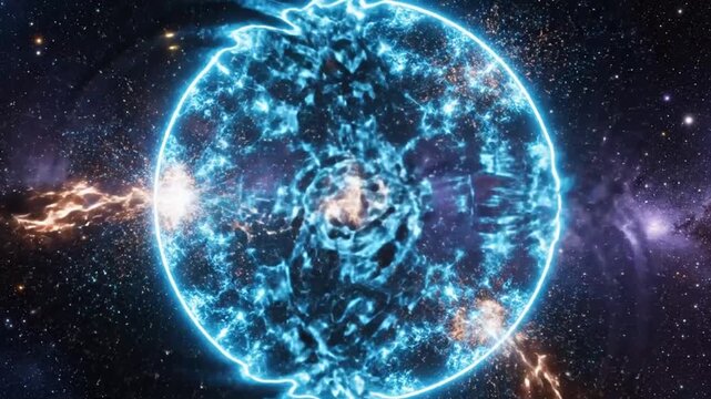 Cosmic Energy Shield Force Field - Blue Plasma Barrier with Orange Impact Explosions in Space

