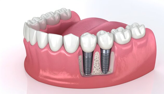 Dental implants shown in a cross-section of a jawbone