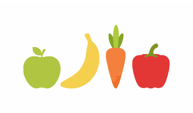 Cute smiling fruits and vegetables cartoon set apple banana carrot and pepper healthy food vector
