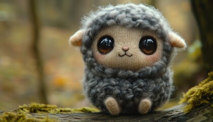 Obraz premium Handmade Amigurumi Grey Sheep Doll with Large Adorable Eyes, Perched on a Mossy Log in a Natural Forest