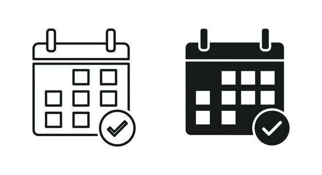 Set of minimalist calendar icons with checkmark symbols representing scheduled appointments, completed tasks, and effective time management for business planning and organization.