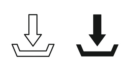 Fototapeta premium Minimalist download icon set featuring outline and solid black arrow symbols for digital file transfer, data storage, and web interface design on a white background.