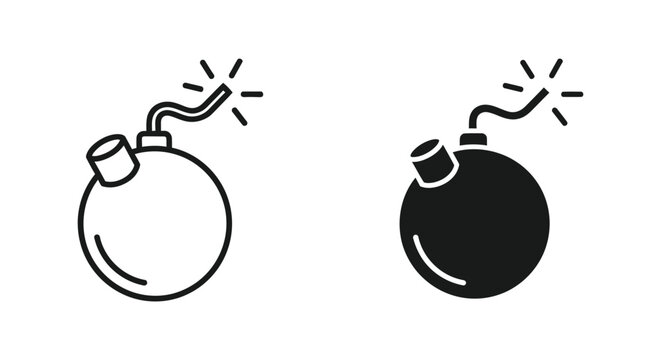 Set of minimalist black bomb icons with burning fuses in outline and solid styles, representing danger, urgent deadlines, and explosive business risks on a white background