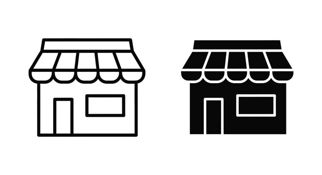 Set of minimalist storefront icons featuring outline and solid glyph styles for retail business branding, e-commerce website navigation, and local shop marketing materials.