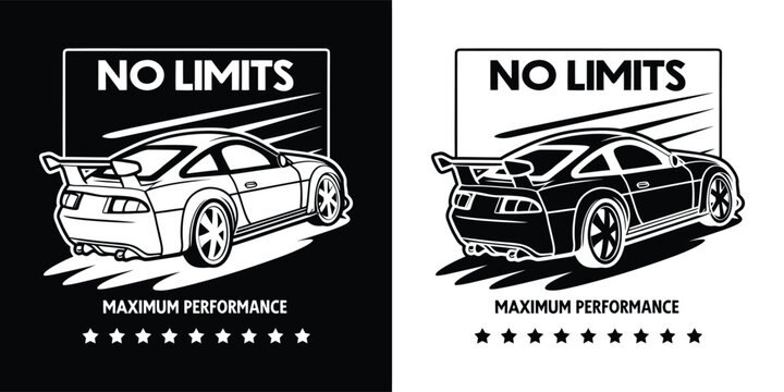 Powerful racing sports car illustration featuring a sleek design with bold lettering for maximum performance on a black white background
