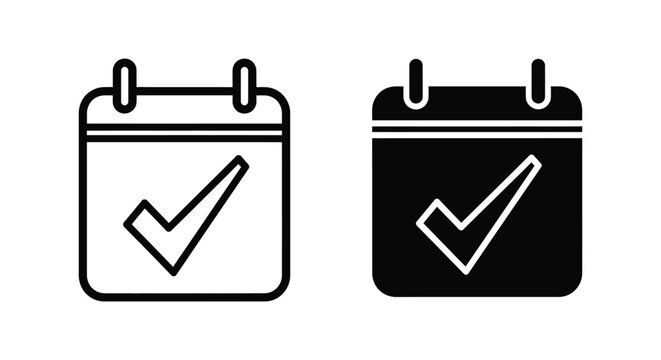 Minimalist calendar icons with checkmark symbols representing scheduled appointments, completed tasks, and organized planning in both outline and solid vector styles for business productivity.