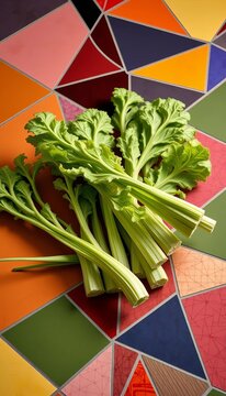 Sculptural celtuce stalks arranged on a vibrant geometric mosaic, showcasing crisp textures and verdant hues,  healthy food,  salad