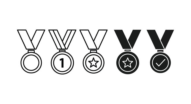 Set of minimalist medal icons featuring first place, star, and checkmark symbols for achievement and gamification progress tracking