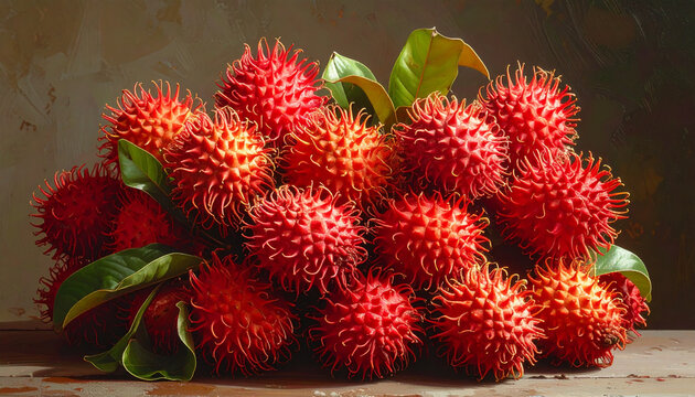 Fresh rambutans fruit with green leaves