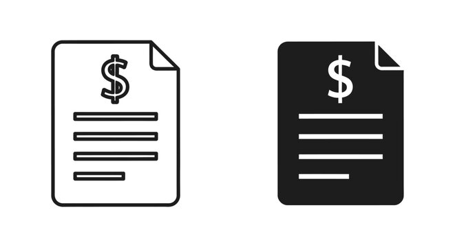 Minimalist invoice and billing document icons featuring dollar signs for business accounting, financial reporting, and digital payment processing systems.