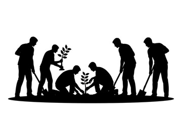 Obraz premium Hope for a Greener Tomorrow: A group of individuals comes together, planting saplings with focused determination. Each motion plants a seed of hope for a thriving ecosystem and a vibrant future.