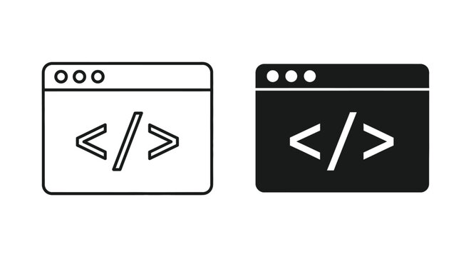Set of minimalist web browser window icons with coding brackets for software development, programming, and web design concepts
