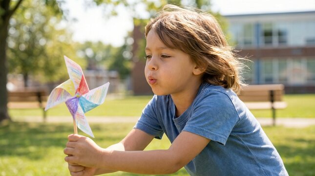 Child blowing paper windmill in park  
