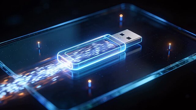USB flash drive with blue neon light on glass platform