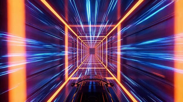 Futuristic cube frame tunnel with orange blue neon lights and moving vehicles