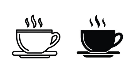 Obraz premium Minimalist coffee cup icons featuring steam and saucers in outline and solid black styles for cafe branding and restaurant menu design