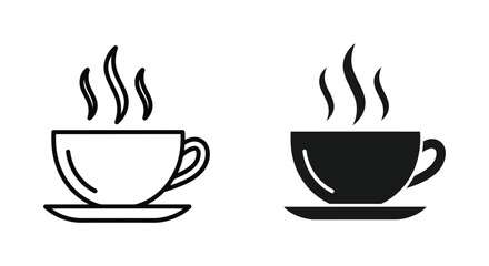Obraz premium Minimalist Coffee Cup Icons with Rising Steam and Saucer in Line Art and Solid Silhouette Styles for Cafe Branding and Web Design