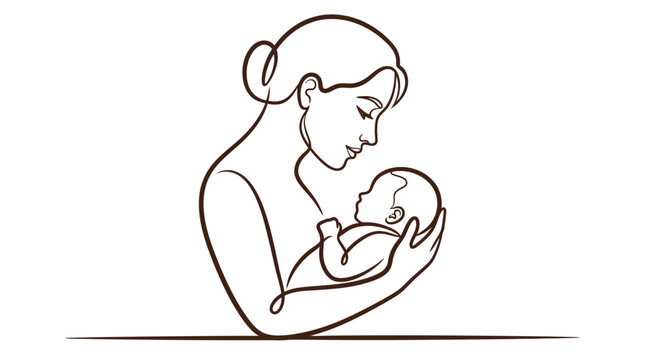 Minimalist continuous line art of a mother tenderly holding her newborn baby, symbol of motherhood, unconditional love and care
