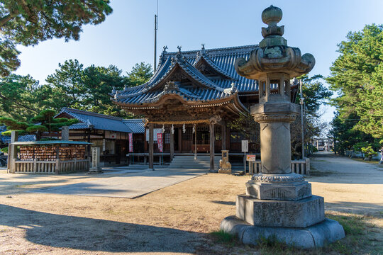 Stone lantern donated by Imari merchants at Tsunashiki Tenjin Shrine (Shin Tenjin) in Imabari, Ehime, Japan.
