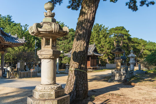 Stone lantern donated by Imari merchants at Tsunashiki Tenjin Shrine (Shin Tenjin) in Imabari, Ehime, Japan.