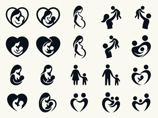 Obraz premium Family and Motherhood Silhouette Icon Set - Pregnancy, Parenting, and Love Symbols