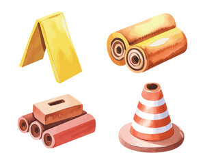 Watercolor Construction Equipment Elements Vector Illustration, Hand Drawn Building Tools Set Isolated on White Background © creative