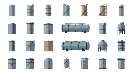 Industrial Storage Tanks Vector Collection: Various Types of Silos, Cisterns, and Vessels © Masako