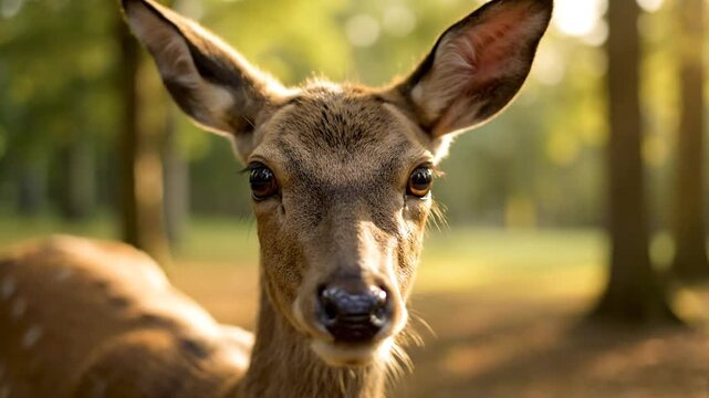 A close-up portrait of a deer in a serene forest environment with natural light