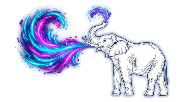 A colorful wave shoots out from an elephant's trunk in a whimsical scene.