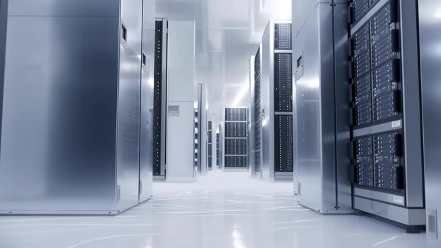 Data center server racks in clean white aisle with bright lighting and glossy floor