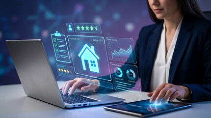 Fototapeta premium A businesswoman using a laptop and tablet with virtual home interface