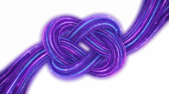 Vibrant purple and blue neon cord tied in a knot on a white background