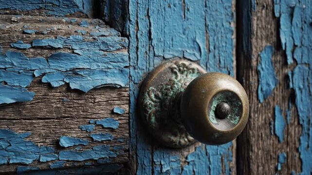 A close-up of an old, weathered door with peeling blue paint and a rusty brass doorknob