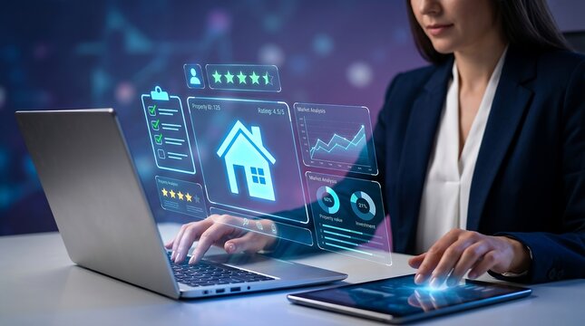 A businesswoman using a laptop and tablet with virtual home interface