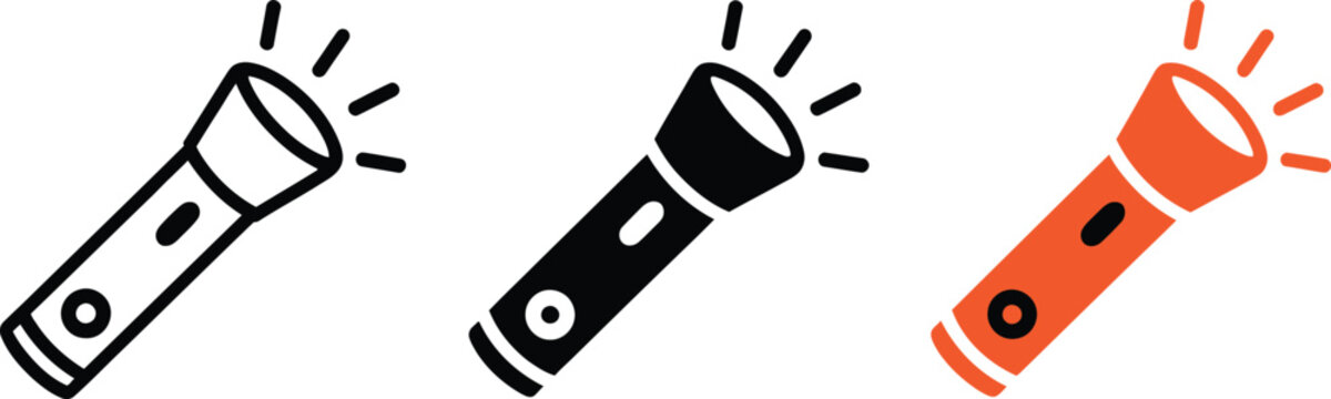 Set of three flashlight icons, line, solid, and color versions, isolated on transparent background