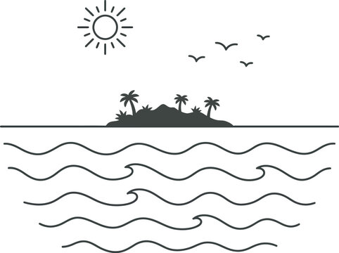 Minimalist tropical island silhouette in the ocean. Flat line art illustration featuring palm trees, ocean waves, sun, and birds for travel and summer themes. Isolated on transparent background.