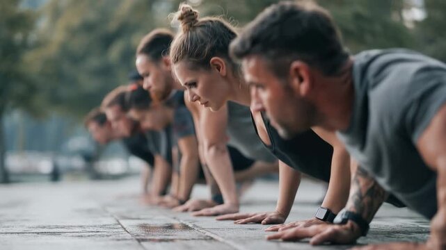 Group of people exercising outdoors with push ups in a park during morning workout session