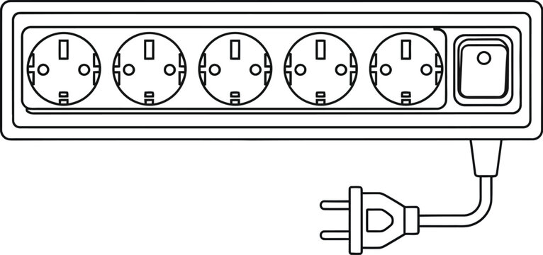 A detailed illustration of a power strip with five socket outlets and a plug