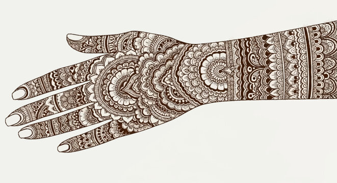 Intricate henna design on a woman's hand with alevidhanu patterns