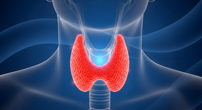 Human thyroid gland highlighted in the neck region, depicting endocrine system function and related health conditions