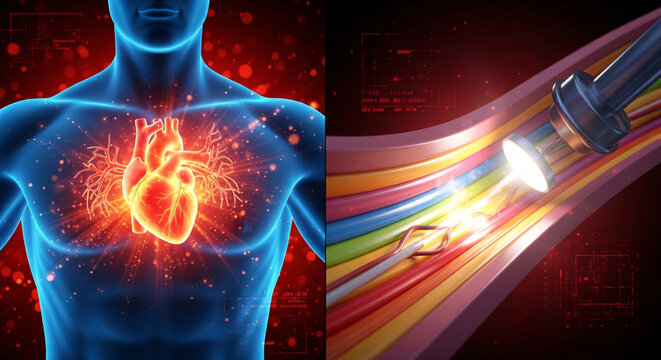 Human torso displaying a radiating heart alongside a bundle of glowing fiber optic cables with light