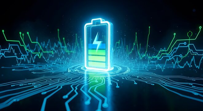 Digital battery icon with electric bolt and circuit board technology background electricity technology electric