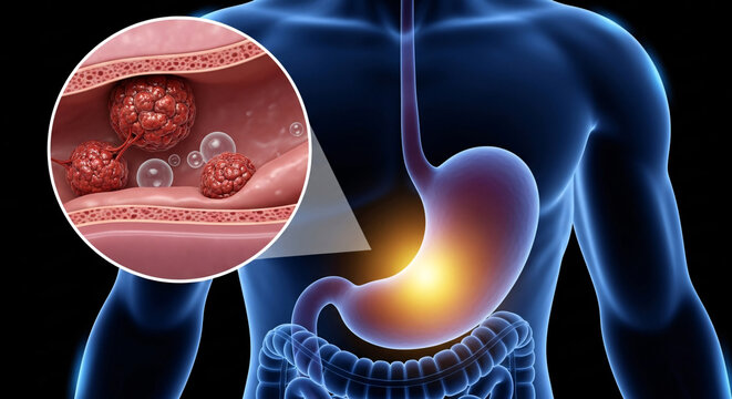 Human torso highlighting the digestive system with an inset showing cancerous stomach tumors