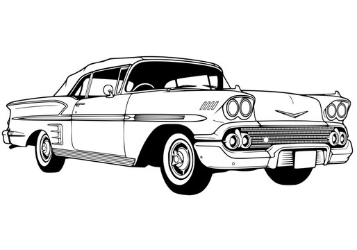 Classic Vintage 1950s Convertible Car Illustration Retro American Automobile Line Art