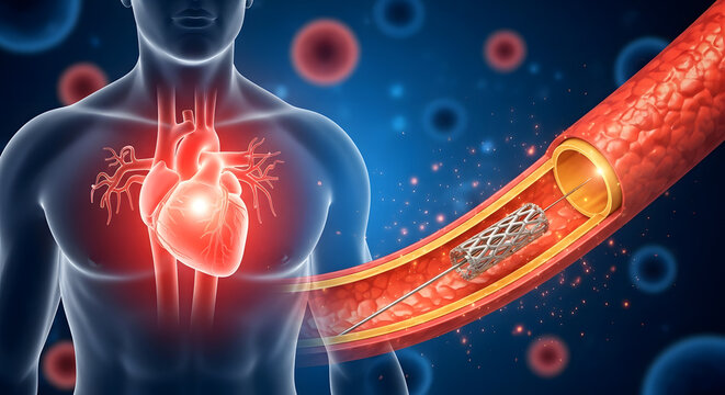 Human torso with glowing heart alongside a blood vessel showing stent placement for cardiovascular health improvement