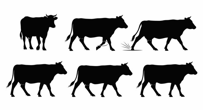 Black cow silhouettes walking in different positions on white background