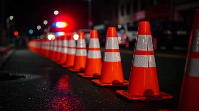 Nighttime urban scene with bright orange safety cones illuminated by flashing emergency lights in 4K
